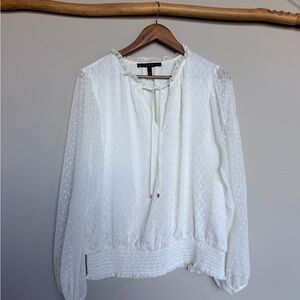 White House Black Market White Textured Blouse Smocked Hem Peasant Top Size L